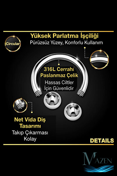 MAZEN 316l Çelik Tragus Piercing | Kararmaz Yarım Halka Nal Model | Kıkırdak Uyumlu | 1 Adet
