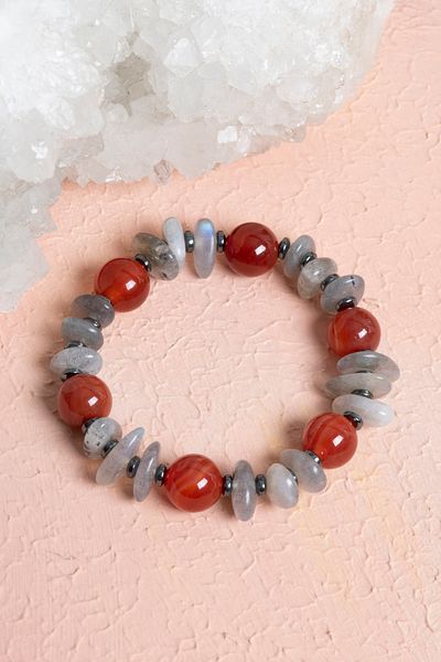 OSMANLI DOĞAL TAŞ Certified Carnelian Agate, Labradorite and Hematite Natural Stone Bracelet