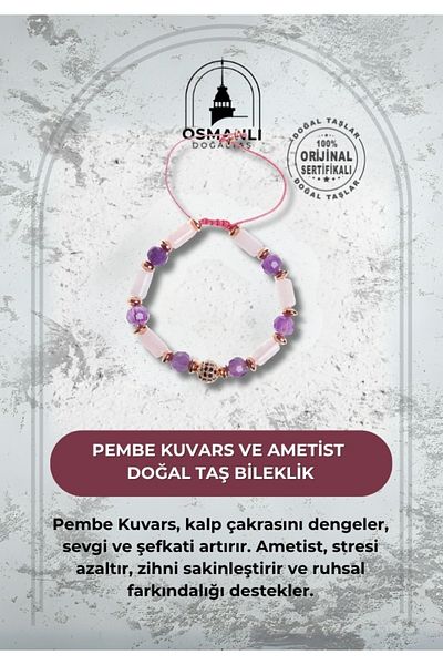 OSMANLI DOĞAL TAŞ Certified Pink Quartz and Amethyst Natural Stone Bracelet