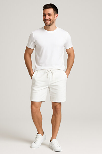 UOMOPARK 8023 Model Ecru Color Premium Summer Shorts with Ornamental Tag Detail