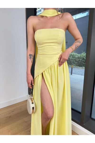 modaçelikler Straplez Eteği Pileli Kuşak Detaylı Leyinda Sarı Kadın Yırtmaçlı Elbise 25Y436