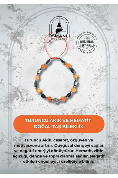OSMANLI DOĞAL TAŞ Certified Orange Agate and Hematite Natural Stone Bracelet
