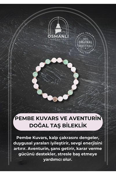 OSMANLI DOĞAL TAŞ Certified Pink Quartz and Aventurine Natural Stone Bracelet