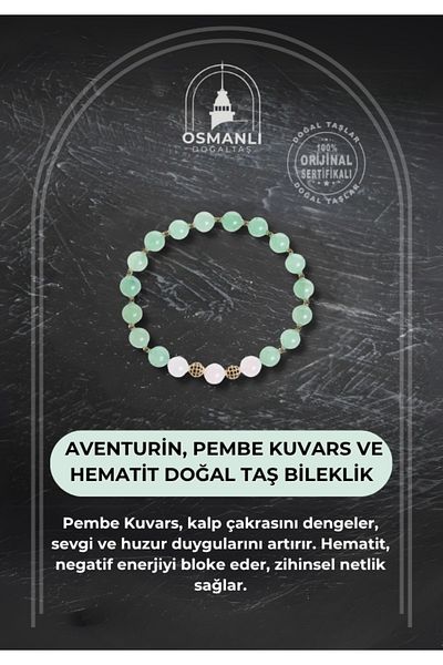 OSMANLI DOĞAL TAŞ Certified Aventurine, Pink Quartz and Hematite Natural Stone Bracelet
