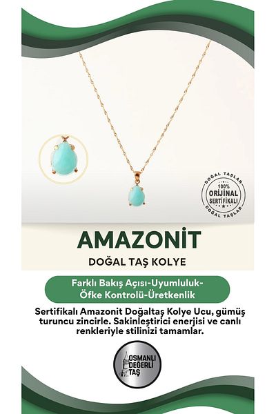 OSMANLI DEĞERLİ TAŞ Certified Amazonite Natural Stone Pendant with Silver Orange Chain Ku028