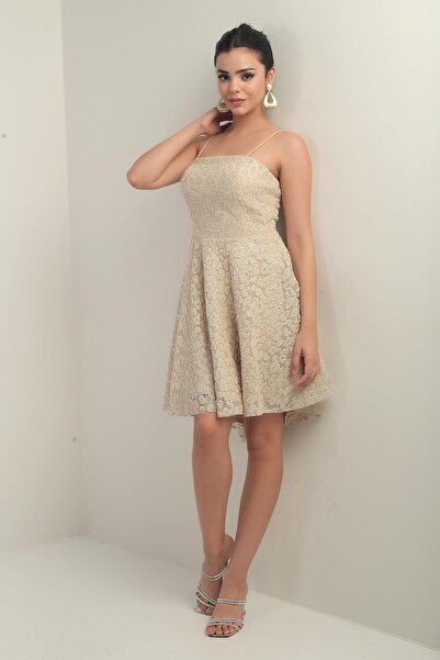 By Saygı Kadın İp Askılı Astarlı Sim Flok Baskılı Kısa Kloş Elbise