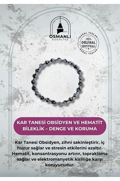 OSMANLI DOĞAL TAŞ Certified Snowflake Obsidian and Hematite Bracelet – Balance and Protection