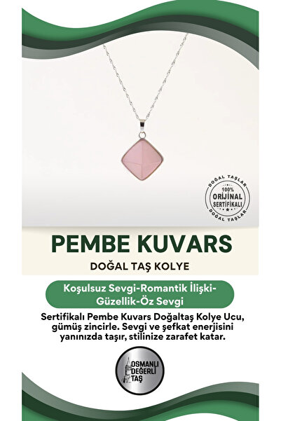 OSMANLI DEĞERLİ TAŞ Sertifikalı Pembe Kuvars Doğaltaş Kolye Ucu, Gümüş Zincir...