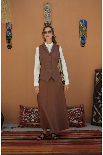 Fatma Atasoy Cotton Striped Chocolate Vest and Skirt Set