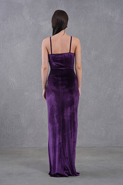 vuvutasarım New Season Women's Velvet Low-cut and Slit Strap Evening Dress