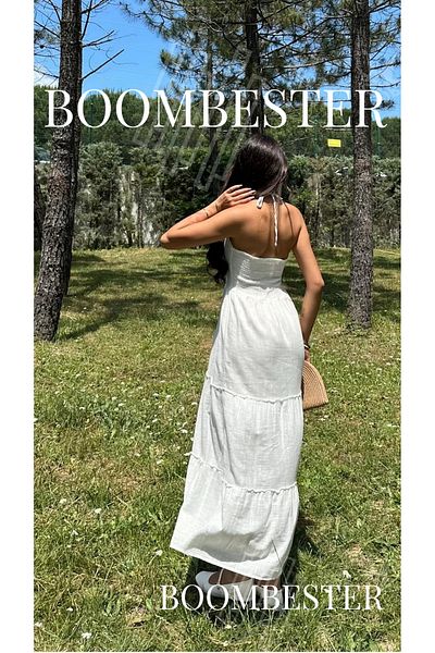 BoomBester Γυναικείο μάξι φόρεμα 100% λινό με δεμένο λαιμό με ανοιχτή μέση - Premium κομψότητα και άνετο καλοκαίρι