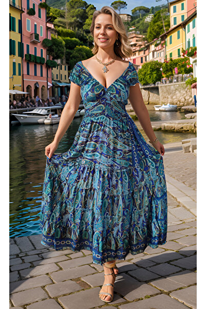 prontoihracat Turkuaz, Bohem Elbise, Maxi, Hint Ipek Kıyafeti, Boydan Elbise, Gipeli Elbise
