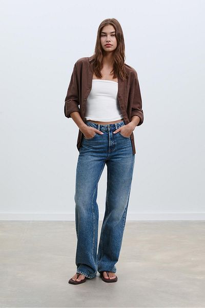 Stradivarius بنطال جينز D92 مستقيم وواسع الساق