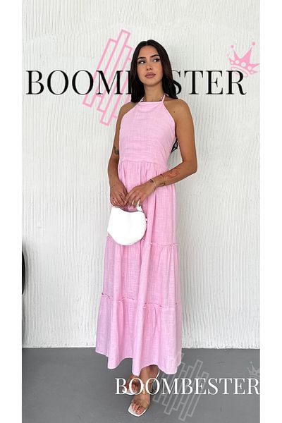 BoomBester Γυναικείο μάξι φόρεμα 100% λινό με δεμένο λαιμό με ανοιχτή μέση - Premium κομψότητα και άνετο καλοκαίρι