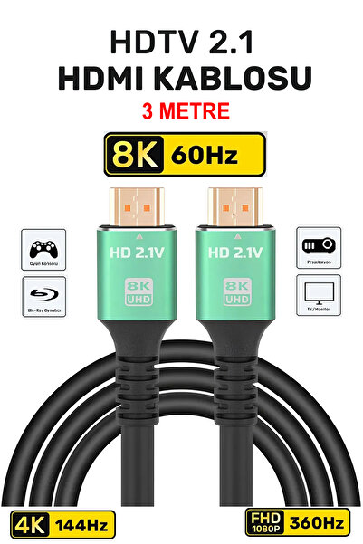 MAXGO 3119 Ultra Yüksek Hızlı 8k Hdmi 2.1 Kablo, 4k 144Hz Hdmi Kablosu 3 Metre Hdtv Kablosu