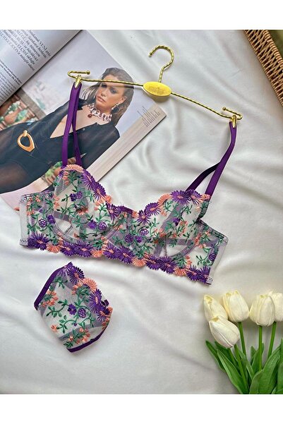 Pretty Mor Çiçek İşlemeli Transparan Dantelli Sütyen Tanga Takımı - Fantezi İ...