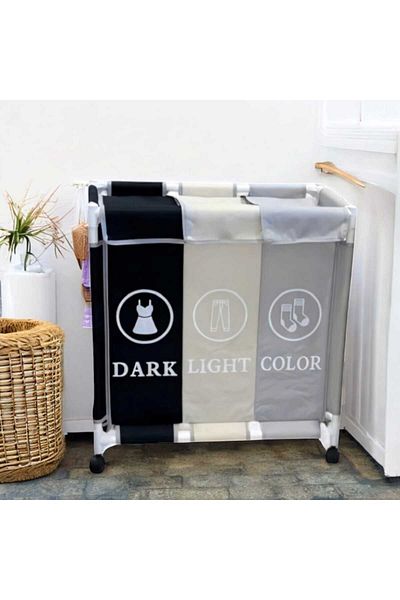 BUNCA 3-compartment laundry basket, 64 x 60 x 35 cm, with wheels and a top lid, for easy organization of laundry at home