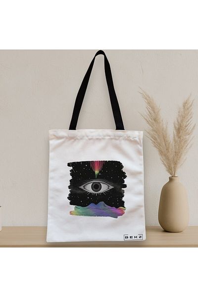 BEKZ Sacosa Textila Cu Fermoar, Geanta Tote, Model Celestial Eye 10, 38x34.5 Cm, Alba, ®
