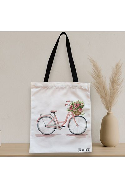 BEKZ Sacosa Textila Cu Fermoar, Geanta Tote, Model Pink Bicycle, 38x34.5 Cm, Alba, ®