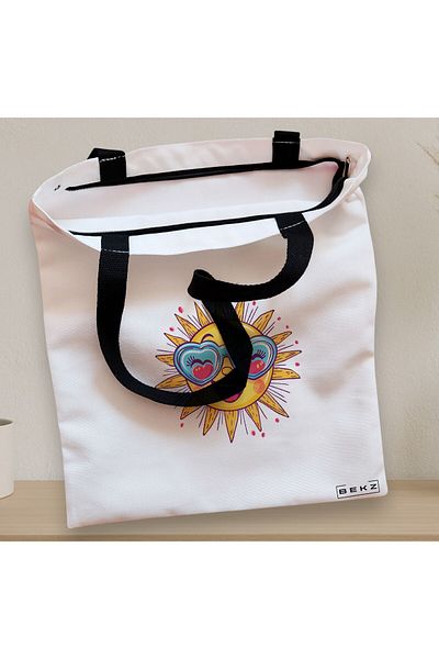 BEKZ Sacosa Textila Cu Fermoar, Geanta Tote, Model Sun Faces 6 38 X 34.5 Cm, Alb, ®