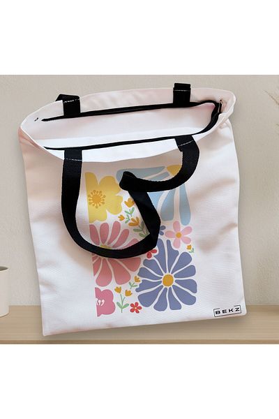 BEKZ Sacosa Textila Cu Fermoar, Geanta Tote Boho Style 13, 38x34.5 Cm, Alba, ®