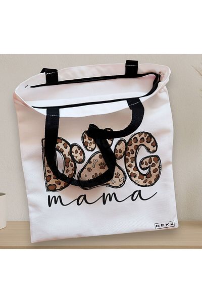 BEKZ Sacosa Textila Cu Fermoar, Geanta Tote, Model Dog Mama 38 X 34.5 Cm, Alb, ®