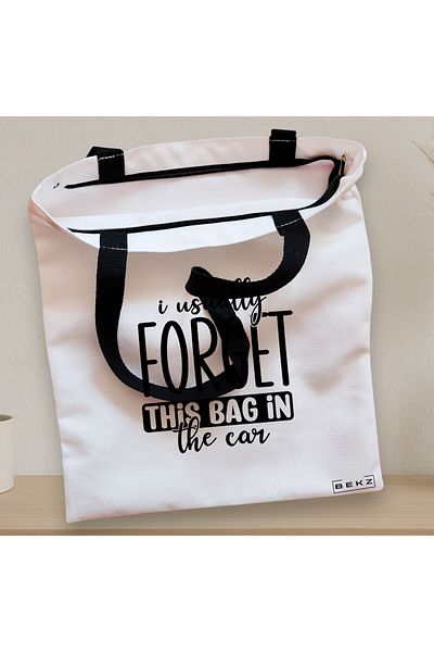 BEKZ Sacosa Textila Cu Fermoar, Geanta Tote, Model I Usually Forget This Bag In The Car, 38x34.5 Cm, Alba