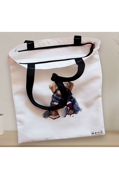 BEKZ Sacosa Textila Cu Fermoar, Geanta Tote, Model Reading Puppy 19 38 X 34.5 Cm, Alb, ®