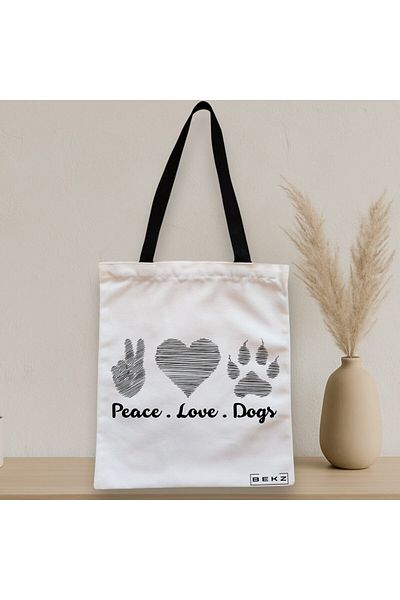 BEKZ Textile Bag With Zipper, Tote Bag, Peace Love Dogs Model, 38x34.5 Cm, ​​White, ®