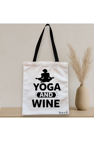BEKZ Sacosa Textila Cu Fermoar, Geanta Tote Yoga And Wine, 38x34.5 Cm, Alba, ®