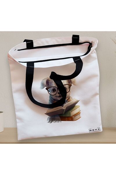 BEKZ Sacosa Textila Cu Fermoar, Geanta Tote, Model Reading Puppy 23 38 X 34.5 Cm, Alb, ®