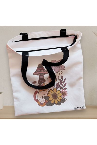 BEKZ Textile Bag With Zipper, Tote Bag Colorful Mushrooms 8, 38x34.5 Cm, ​​White, ®