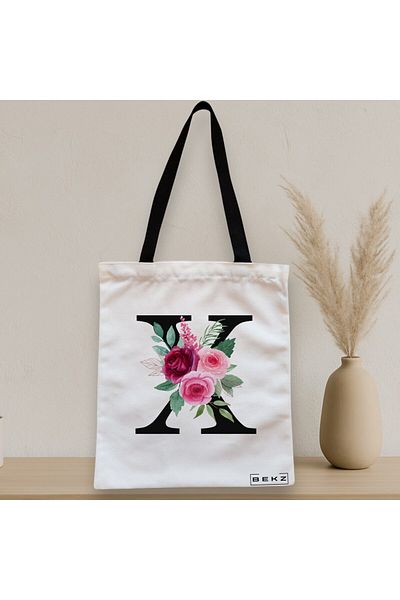 BEKZ Textile Bag With Zipper, Tote Bag, With Letter X And ​​Roses, 38x34.5 Cm, ​​White, ®