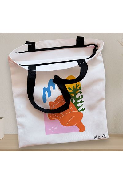 BEKZ Sacosa Textila Cu Fermoar, Geanta Tote, Model Abstract Connection, 38x34.5 Cm, Alba, ®