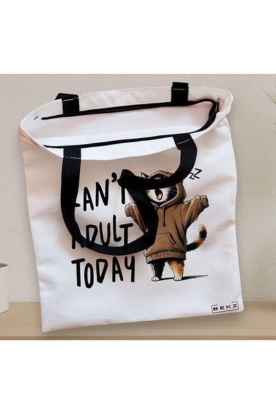 BEKZ Sacosa Textila Cu Fermoar, Geanta Tote, Model Can’t Adult Today 38 X 34.5 Cm, Alb, ®