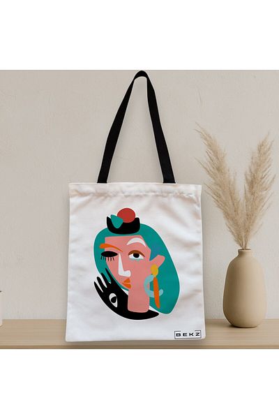 BEKZ Sacosa Textila Cu Fermoar, Geanta Tote, Model Abstract Face, 38x34.5 Cm, Alba, ®