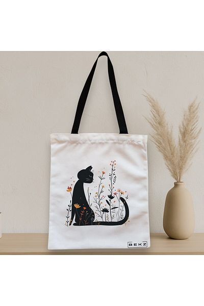 BEKZ Textile Bag With Zipper, Tote Bag, Cat And Flowers Model 1, 38 X 34.5 Cm, ​​White, ®