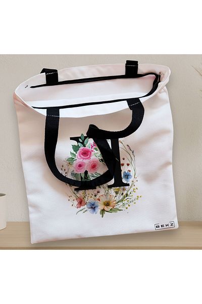 BEKZ Sacosa Textila Cu Fermoar, Geanta Tote, Cu Litera H In Coronita Florala, 38x34.5 Cm, Alba, ®