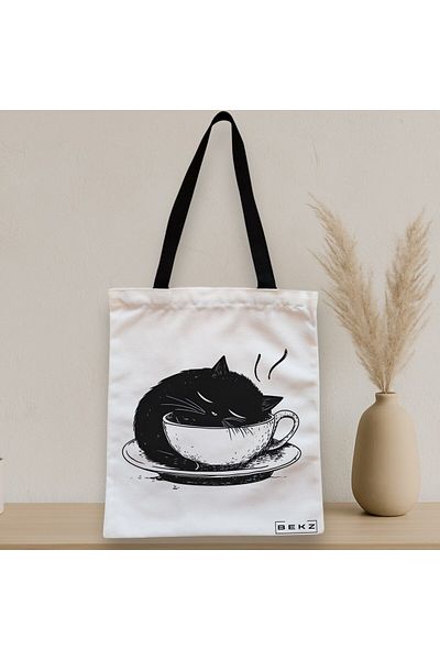 BEKZ Textile Bag With Zipper, Tote Bag, Caffeine Cat 23 Model 38 X 34.5 Cm, ​​White, ®