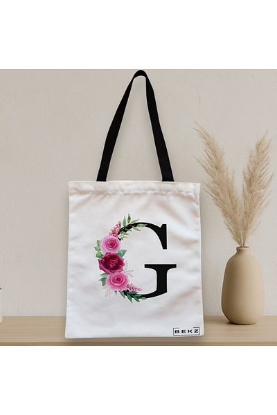 BEKZ Sacosa Textila Cu Fermoar, Geanta Tote, Cu Litera G Si Trandafiri, 38x34.5 Cm, Alba, ®