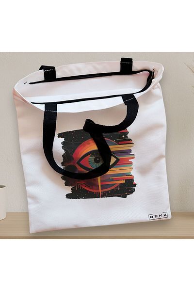 BEKZ Sacosa Textila Cu Fermoar, Geanta Tote, Model Celestial Eye 20, 38x34.5 Cm, Alba, ®
