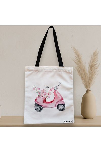 BEKZ Sacosa Textila Cu Fermoar, Geanta Tote, Model Rose Flower Bike, 38x34.5 Cm, Alba, ®