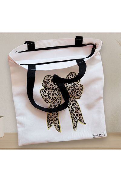 BEKZ Sacosa Textila Cu Fermoar, Geanta Tote, Model Leopard Bow, 38x34.5 Cm, Alba, ®