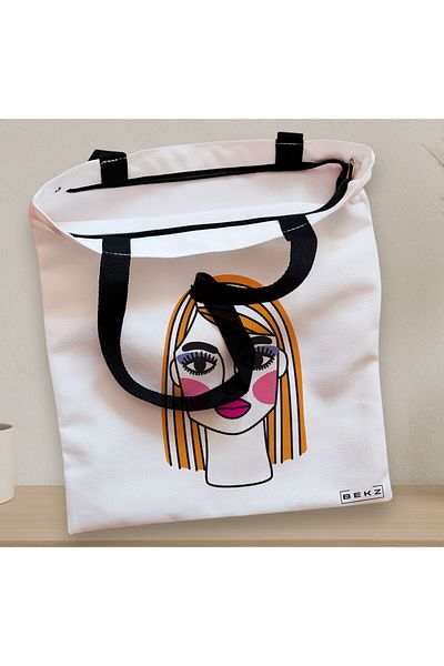BEKZ Sacosa Textila Cu Fermoar, Geanta Tote, Model Modern Makeup, 38x34.5 Cm, Alba, ®