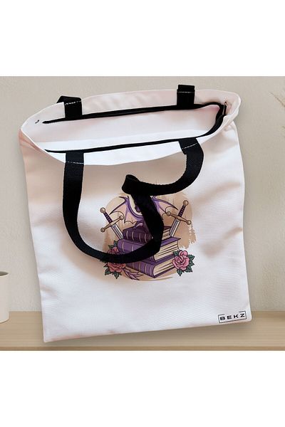 BEKZ Textile Bag With Zipper, Tote Bag, Dragon Books Model 38 X 34.5 Cm, ​​White, ®