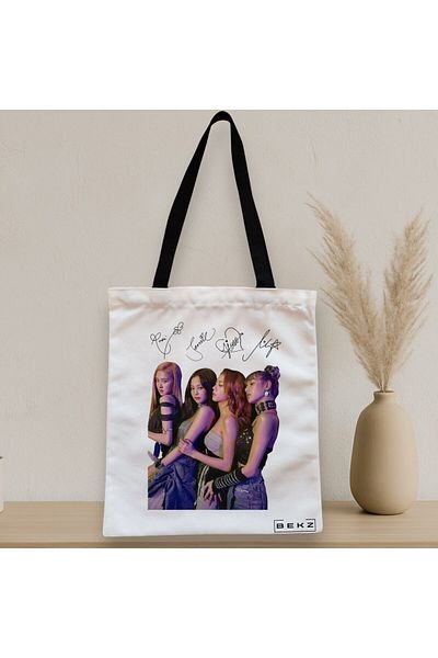 BEKZ Sacosa Textila Cu Fermoar, Geanta Tote, Model Blackpink 9 Cu Semnaturii, 38x34.5 Cm, Alba, ®