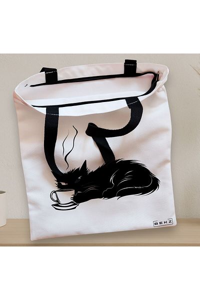 BEKZ Sacosa Textila Cu Fermoar, Geanta Tote, Model Caffeine Cat 21 38 X 34.5 Cm, Alb, ®