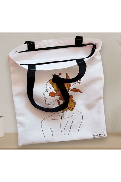 BEKZ Sacosa Textila Cu Fermoar, Geanta Tote, Flower Lady 17, 38x34.5 Cm, Alba, ®