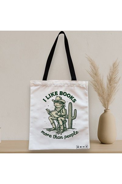 BEKZ Zippered Textile Bag, Tote Bag, Model I Like Books More Than People 38 X 34.5 Cm, ​​White, ®