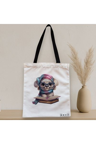 BEKZ Sacosa Textila Cu Fermoar, Geanta Tote, Model Reading Puppy 25 38 X 34.5 Cm, Alb, ®